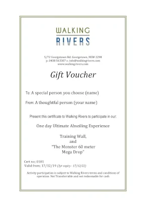 Showing is a picture of the Abseiling Gift Voucher people will receive on payment