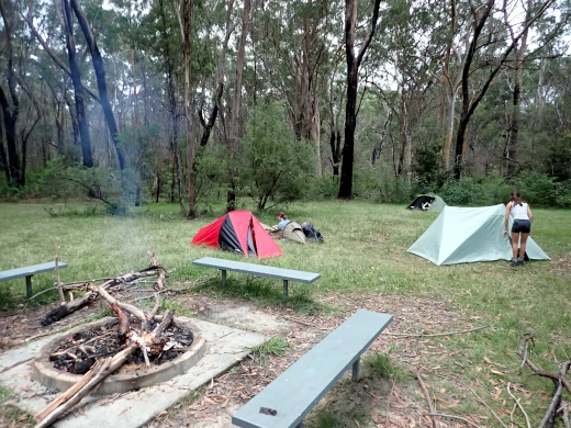 A fire pit with tents in the background at the Silver Bushwalking Award journey campsite.