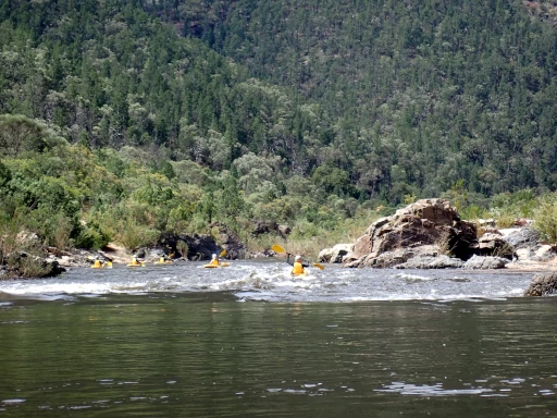 A view showing people paddling down some rapids while on the Snowy River Kayak Adventure