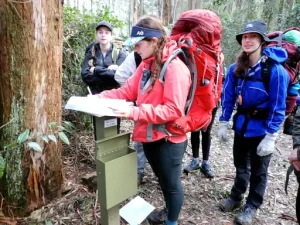 A Gold Bushwalking Award Hiker is completing a National park record book of her hike.