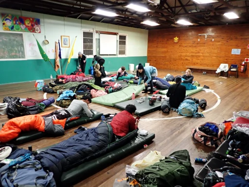 Camping on the floor of a hall during the Gold Bushwalking Award Journey