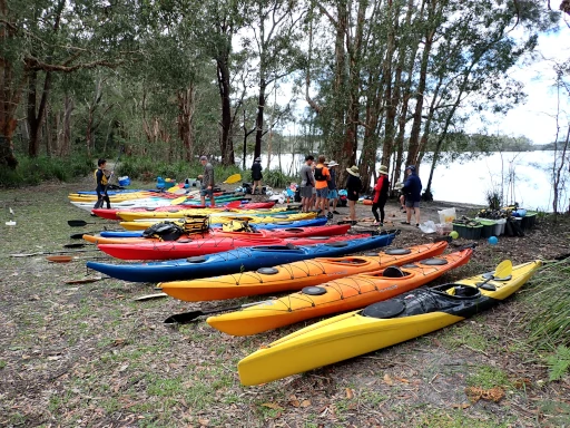 A lot of sea kayaks are laid out on the bank getting prepared for the Duke Of Ed Adventurous Journeys NSW kayaking journey.